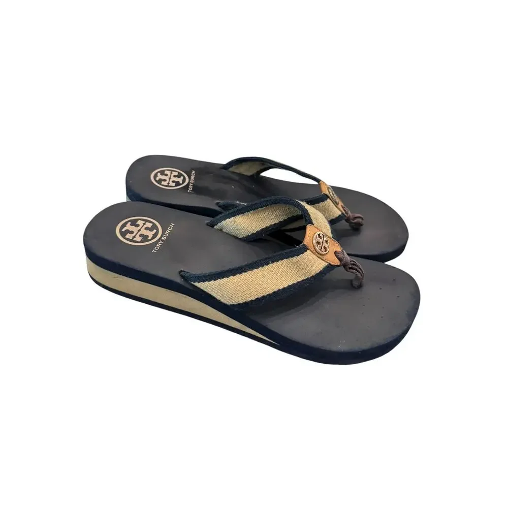 Tory Burch Frankie Wedge Flip Flop Sandals Navy Tan Women’s Sz 8